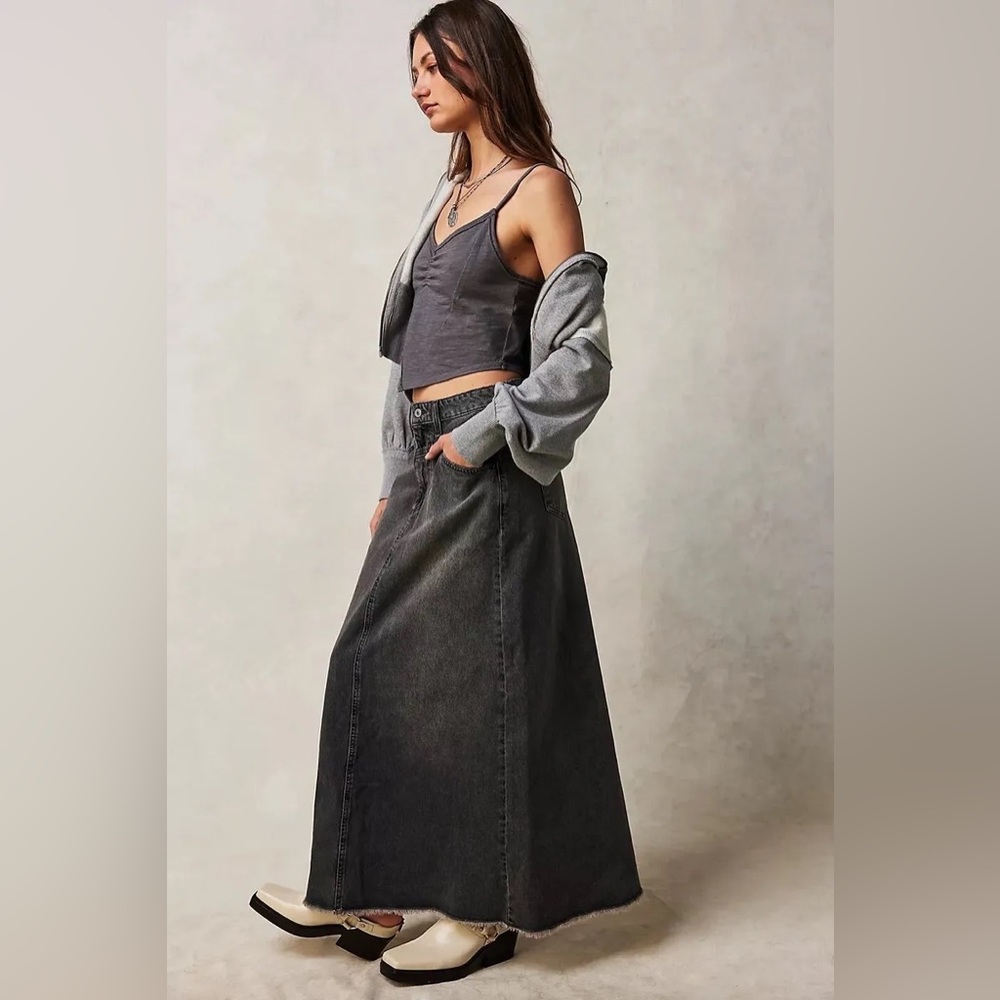 NWT FREE PEOPLE WE THE FREE Come As You Are Denim Maxi Skirt | Washed Black $98 - Picture 2 of 9
